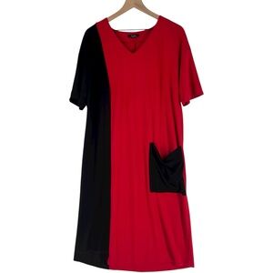 Crazy Line Lagenlook Red & Black Colorblock Patch Pocket V-Neck Midi Dress 16